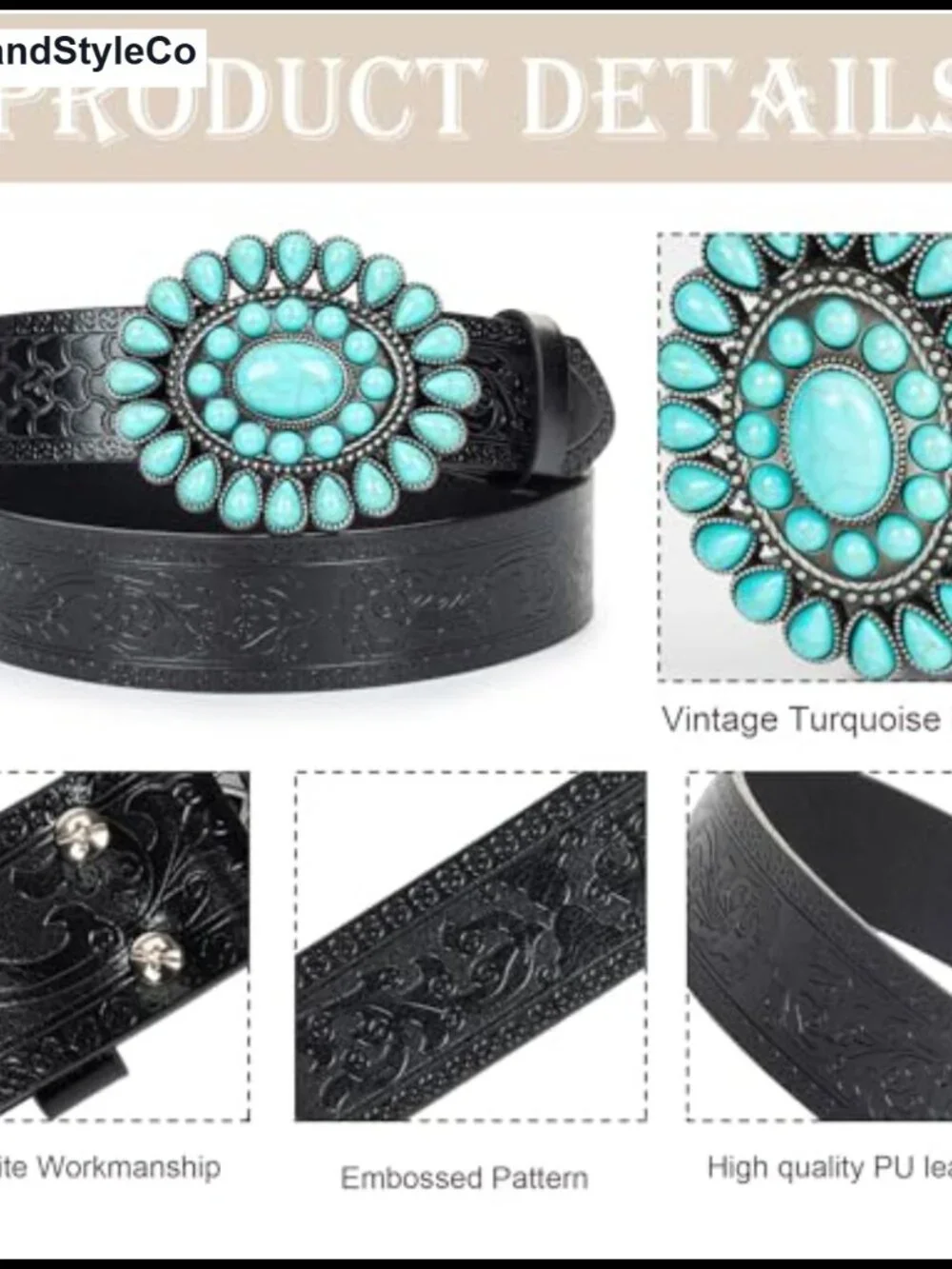 Vintage Floral Engraved PU Leather Belt with Turquoise Studded Buckle